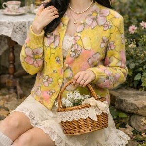60s Lambswool coquette Yellow Pink Cardigan Pearl Grandmacore granny sweater